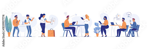 Business people collaborating in office and coworking space working on laptops, discussing strategy, planning projects, and sharing ideas in modern flat vector illustration