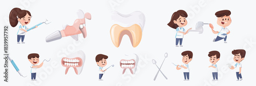 Dental care vector illustration set with dentist medical staff, teeth cleaning, oral hygiene tools, tooth anatomy and patient checkup in flat minimalist style