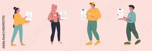 Diverse group of people holding resumes and job applications standing in row isolated on soft background flat minimalist vector illustration of hiring process and recruitment concept