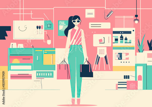 Young woman shopping with bags in stylish flat minimalist modern retail interior with electronics, appliances and plants around