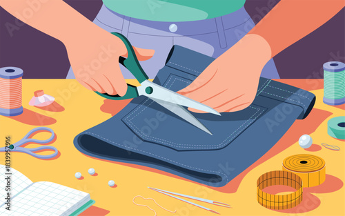 Person cutting fabric with scissors on a table surrounded by sewing supplies