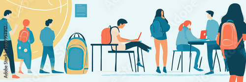 Students with backpacks walking and sitting in classroom using laptops and digital devices in modern education environment vector illustration flat design