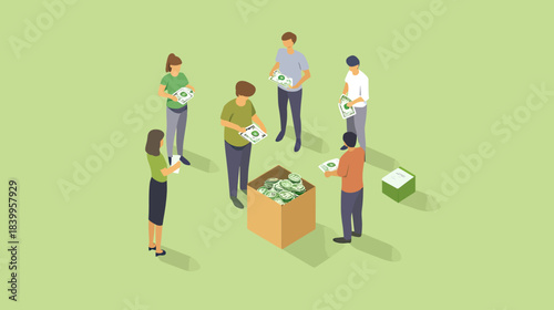 Isometric people donating money in cash and coins around donation box for charity fundraising and financial support concept illustration in flat minimalist style