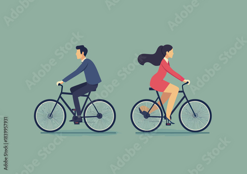 Businessman and businesswoman riding bicycles in opposite directions isolated on green background, flat minimalist vector illustration of disagreement or conflict concept