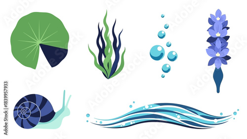 Vector art set of nature icons featuring a snail, seaweed, and flowers in a vector illustration.