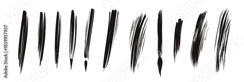 Set of black ink brush strokes and marker pen doodle scribbles with varied thickness and texture isolated on white background for artistic design and decoration elements vector illustration