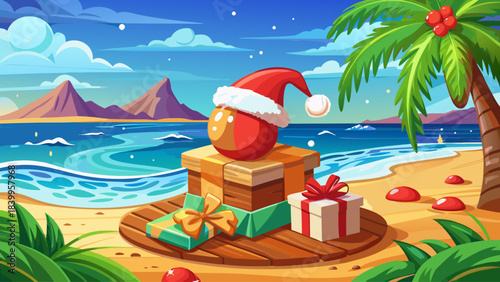 Cozy Christmas setup with a red Santa hat and a beautifully wrapped present sitting on a wooden tray at a tropical shoreline, framed by soft ocean waves and bright holiday ambiance