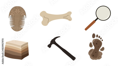 Vector art icon set depicts nature scene with fossil trilobite, bone, magnifying glass, geological layers, hammer, and footprint.