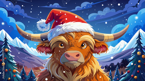 Charming winter portrait of a highland cow wearing a festive Santa hat, surrounded by sparkling glitter dust in a snowy landscape. Gentle light enhances the cow’s fluffy fur