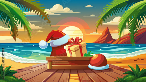 Festive scene featuring a classic red Santa hat and a wrapped gift box placed on a rustic wooden tray at a tropical beach, with gentle ocean waves and warm sunlight creating a cheerful Christmas