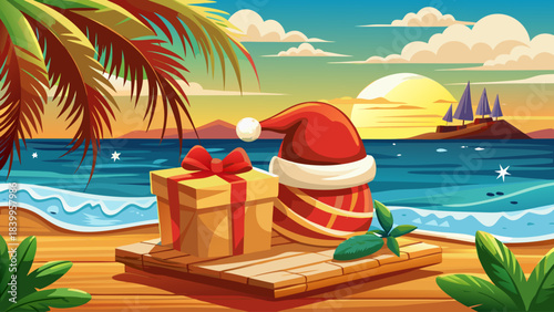 Festive scene featuring a classic red Santa hat and a wrapped gift box placed on a rustic wooden tray at a tropical beach, with gentle ocean waves and warm sunlight creating a cheerful Christmas