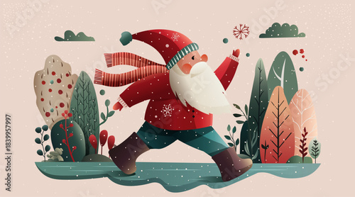 Santa Christmas winter holiday scene walking snowy forest stylized Santa Claus in red coat scarf playful snowflakes trees pastel colors seasonal landscape