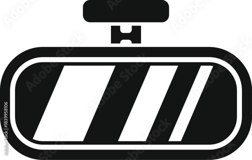 Black and white icon of a car rearview mirror reflecting road lines, simple and minimalist design