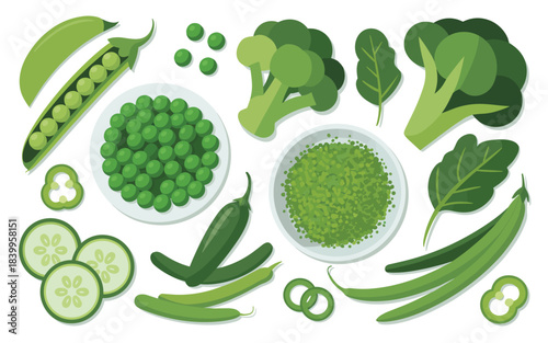 Assorted green vegetables and legumes arranged on a white background in a flat lay style