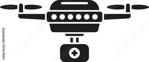 Black silhouette of a medical drone carrying a first aid kit, representing fast delivery of emergency medical supplies