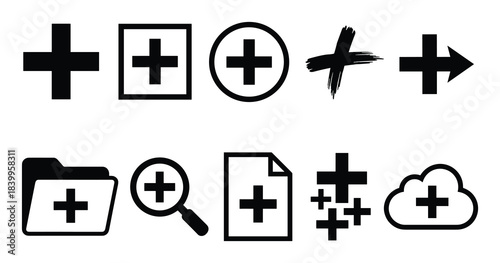 Add icon collection, plus sign symbols, new item creation, folder, document, search, cloud.