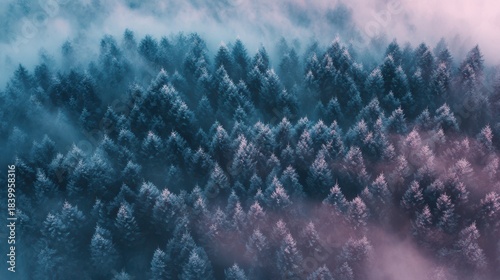 Dreamy aerial forest with pink mist and frosted tree tops for surreal atmospheric backgrounds and fantasy nature design