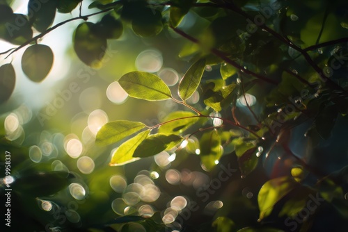 Soft green foliage with dreamy sunlight bokeh for natural calming backgrounds and botanical design visuals