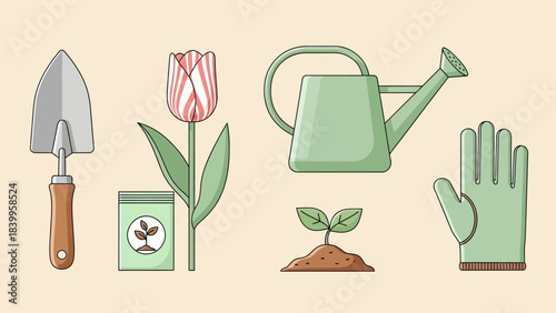 Vector art icon set for gardening in nature with vector tools and plants