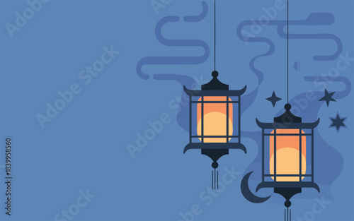 Two lanterns hanging in the night sky with stars and a crescent moon shining brightly