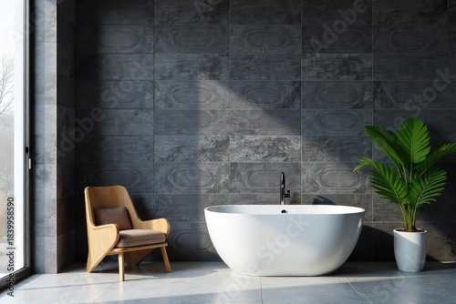 Sleek grey slate tiles create a modern, minimalist interior design feature on a wall, adding texture and sophistication to the room , wall, grey, stone