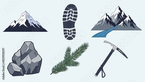 Vector art set of nature icons features mountains, hiking boot, rock, pine branch, and ice axe.