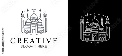 Elegant Mosque Line Art Logo Design for Islamic Architecture.