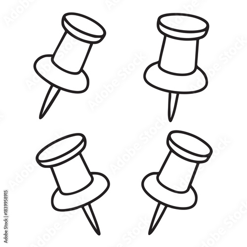 Simple black and white illustration depicting four push pins arranged in a square formation on a white background