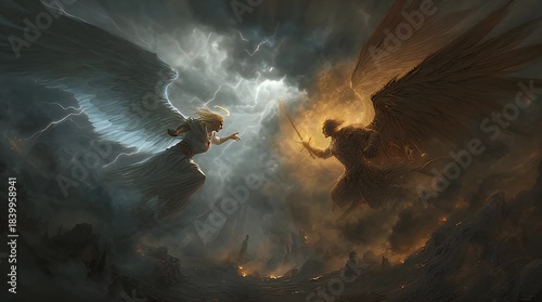 Angelic and demonic figures clash in storm