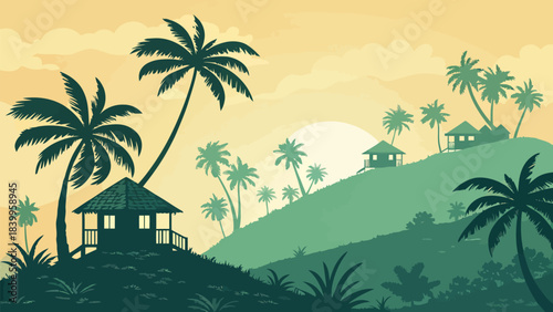 Stunning tropical hillside bungalows nestled among palm silhouettes at golden sunset