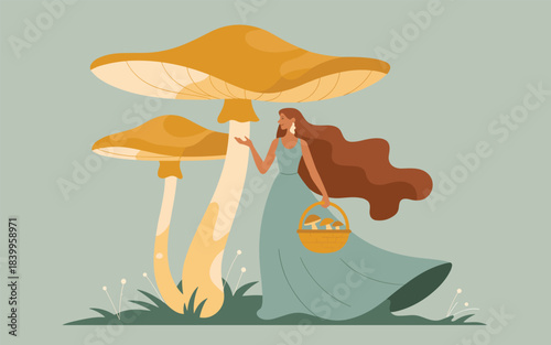Woman in a blue dress holding a basket standing among giant mushrooms in a lush green landscape