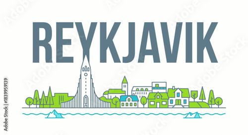 Reykjavik city skyline Hallgrimskirkja Iceland travel vector illustration