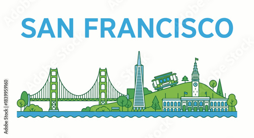 San Francisco cityscape skyline with famous landmarks vector illustration