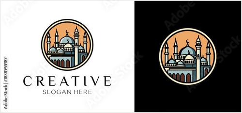Elegant Mosque Logo Design with Minarets and Dome.