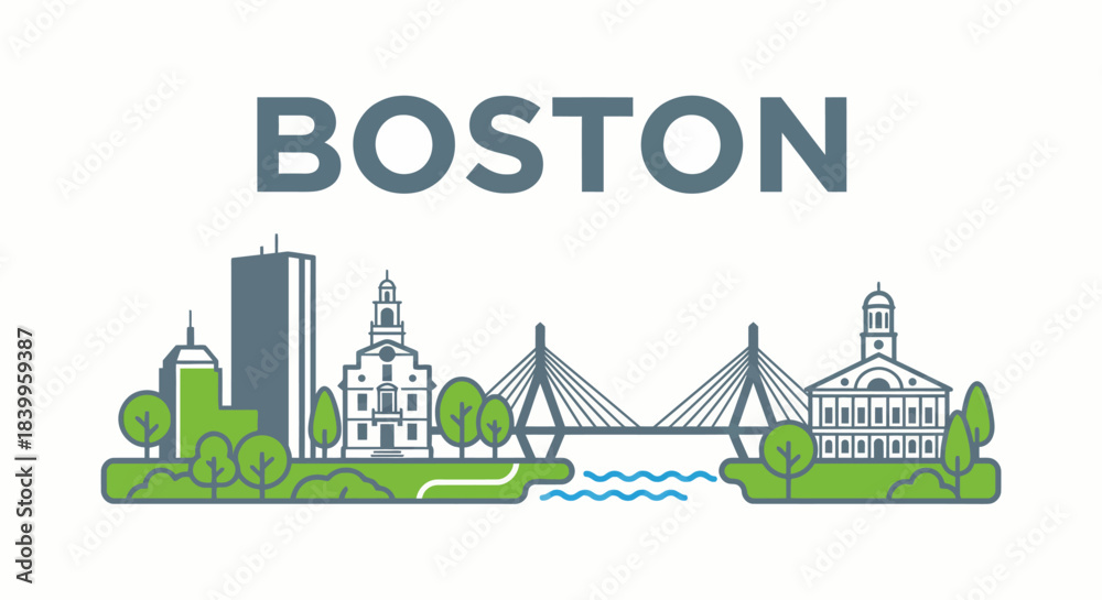 Fototapeta premium Boston city skyline landmarks illustration icon vector