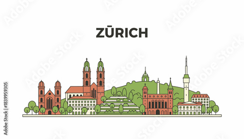 Zurich city skyline famous landmarks travel vector illustration