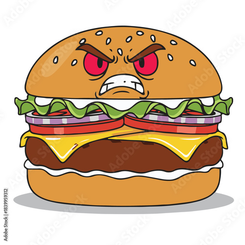 A colorful and appetizing illustration of a juicy spicy burger. The mouth-watering image features layers of a perfectly cooked patty, fresh vegetables, all nestled in a toasted bun. 
