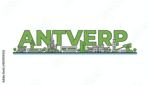 Antwerp Belgium city skyline line art vector illustration