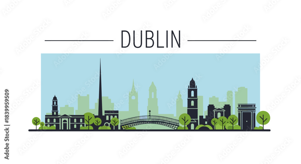 Naklejka premium Dublin city skyline landmarks minimalist vector illustration