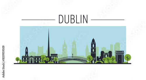 Dublin city skyline landmarks minimalist vector illustration