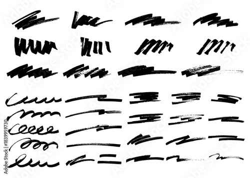 手書きのブラシストローク素材のセット、かすれ、アナログ質感