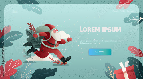 Santa Christmas holiday website banner running with gift sack snowy background decorative leaves present box modern UI elements