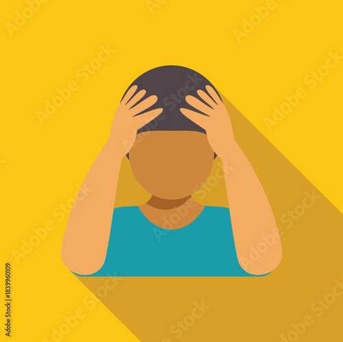 Person holding head suffering from headache and stress, flat icon design