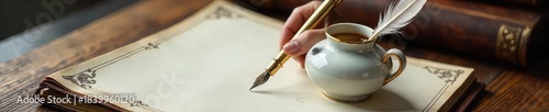Intricate quill pen rests beside a delicate porcelain inkpot adorned with a single, elegantly placed feather A timeless image of classic writing and artistry , black and white, porcelain