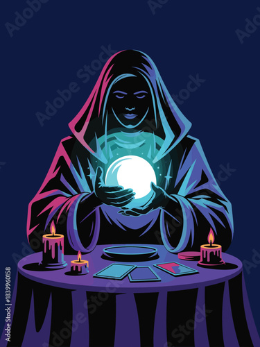 Fortune teller holding a glowing crystal ball on a mystical table with candles in a dark setting