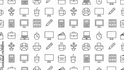 Seamless pattern of various black and white office and technology icons