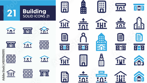 Collection of blue building icons representing various architectural styles and designs
