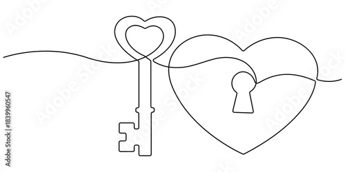 Continuous line drawing. Heart and key. The concept of finding solutions in a love relationship. Valentine's day. One line art. Vector illustration.