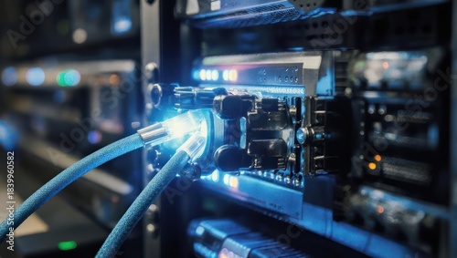Glowing blue fiber optic cables connected to a network switch in a server rack.
