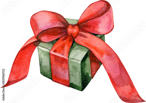 Watercolor illustration of a green gift box wrapped with a large red ribbon and bow. Festive holiday present perfect for Christmas designs, packaging, greeting cards, labels, d cor and seasonal brandi